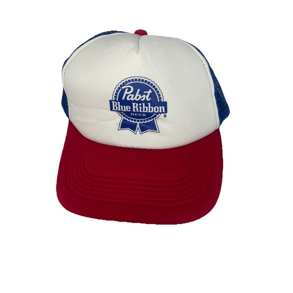 VTG PBR Pabst Blue Ribbon Red White Blue Trucker Snap Back Hat Cap Nylon Mesh